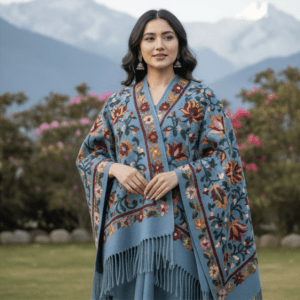Light Blue Wool Poncho with Floral Embroidery